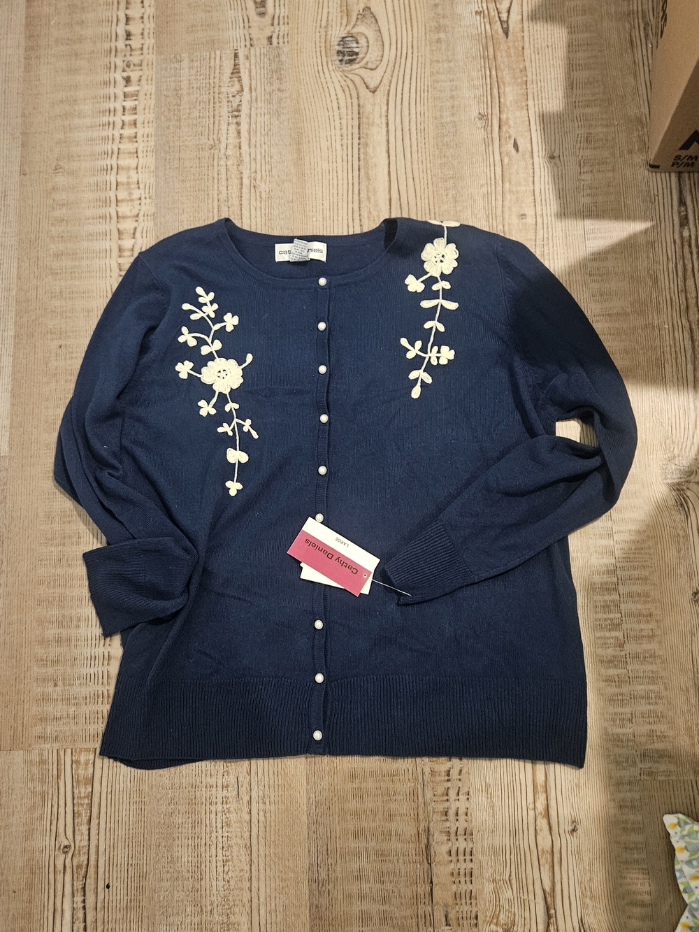 Cathy Daniels Navy Cardigan with Cream Floral Embroidery